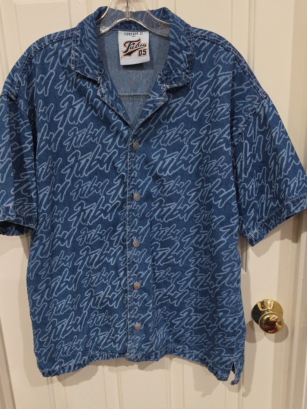 Forever 21 x FUBU Collab All-Over Print Denim Shirt - Men’s Size Medium Y2K Vibe